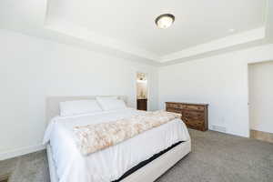 Carpeted bedroom featuring a raised ceiling, baseboards, and ensuite bath
