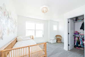 Carpeted bedroom with baseboards and a closet