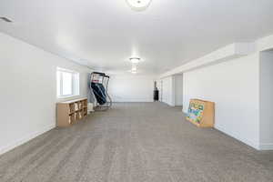 Basement featuring baseboards, light colored carpet, and a textured ceiling