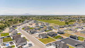 Aerial perspective of suburban area with mountains