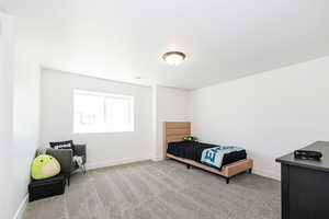 Carpeted bedroom featuring baseboards