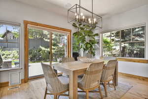 Dining room with a chandelier, light wood-type flooring, and baseboards