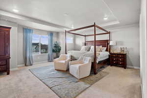 Owner's Suite with light carpet, a raised coffer  ceiling