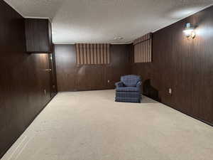 Unfurnished room with light carpet, a textured ceiling, and wood walls