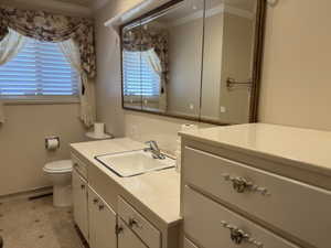 Bathroom featuring ornamental molding, vanity, toilet, and tile patterned flooring
