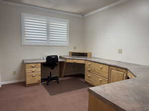 Home office featuring built in desk, carpet, crown molding, and baseboards
