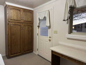 Foyer entrance featuring light carpet and baseboards