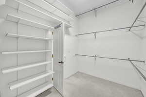 Walk in closet with carpet flooring