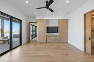 Unfurnished bedroom with access to outside, recessed lighting, light wood-type flooring, baseboards, and a ceiling fan