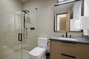 Bathroom featuring toilet, a stall shower, tile walls, and vanity