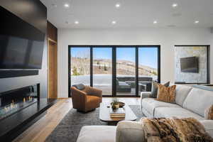 Living area featuring a large fireplace, light wood-type flooring, recessed lighting, and plenty of natural light