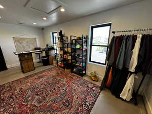 Office with attic access, recessed lighting, carpet, baseboards, and a textured ceiling