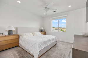 Bedroom featuring carpet, a ceiling fan, and recessed lighting