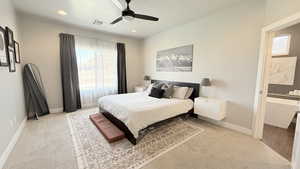 Bedroom with carpet floors, multiple windows, baseboards, ceiling fan, and recessed lighting