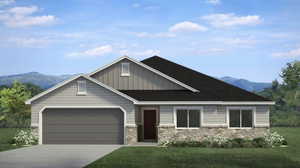 View of front of property with an attached garage, board and batten siding, stone siding, concrete driveway, and a mountain view