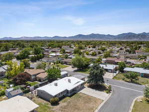 Aerial view of residential area with mountains