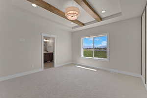 Unfurnished room with beam ceiling, light colored carpet, baseboards, and recessed lighting
