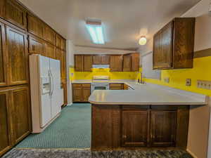 Kitchen with white appliances, a sink, under cabinet range hood, a peninsula, and light countertops