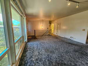 Carpeted living room featuring track lighting