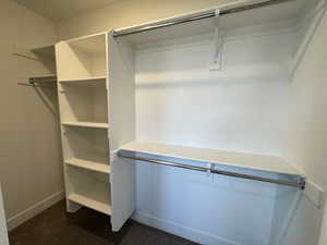 Spacious closet featuring dark colored carpet