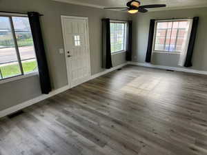 Entrance foyer with ornamental molding, healthy amount of natural light, a ceiling fan, and wood finished floors