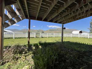 View of yard looking out the downstairs back door with a mountain view.  Note gate into your back field.