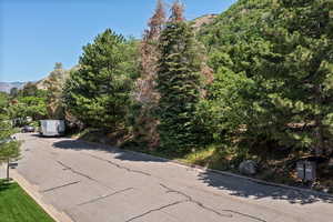 View of asphalt street with a mountain view and curbs