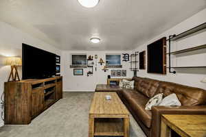 Carpeted living room with a textured ceiling and baseboards