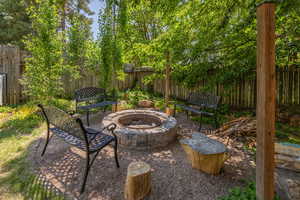 Fenced backyard with a fire pit