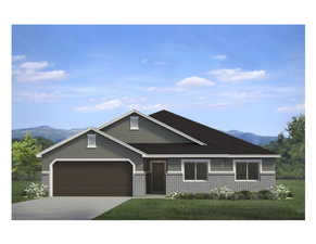View of front of property with brick siding, an attached garage, and a mountain view