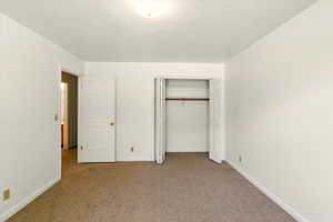Unfurnished bedroom featuring carpet floors, baseboards, and a closet