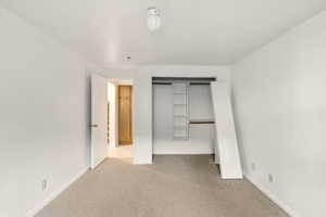Unfurnished bedroom featuring carpet flooring, a closet, and baseboards