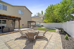 Fenced backyard featuring a patio area and a pergola