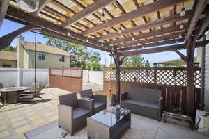 Fenced backyard with outdoor lounge area, a patio, and a pergola
