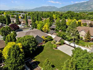 Aerial view of backyard and surrounding neighborhood