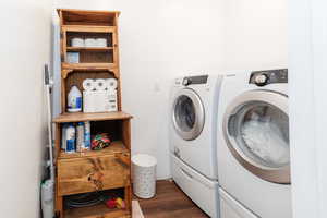 Laundry room featuring separate washer and dryer and dark wood-style floors