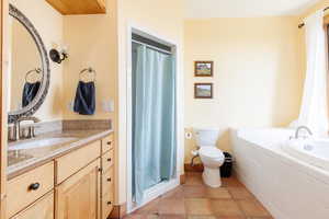 Full bathroom with vanity, toilet, a shower stall, and tile patterned flooring