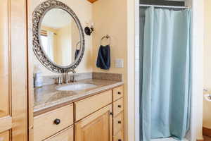 Full bathroom featuring vanity and a shower with shower curtain