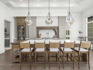 Kitchen featuring a tray ceiling, healthy amount of natural light, a spacious island, and backsplash