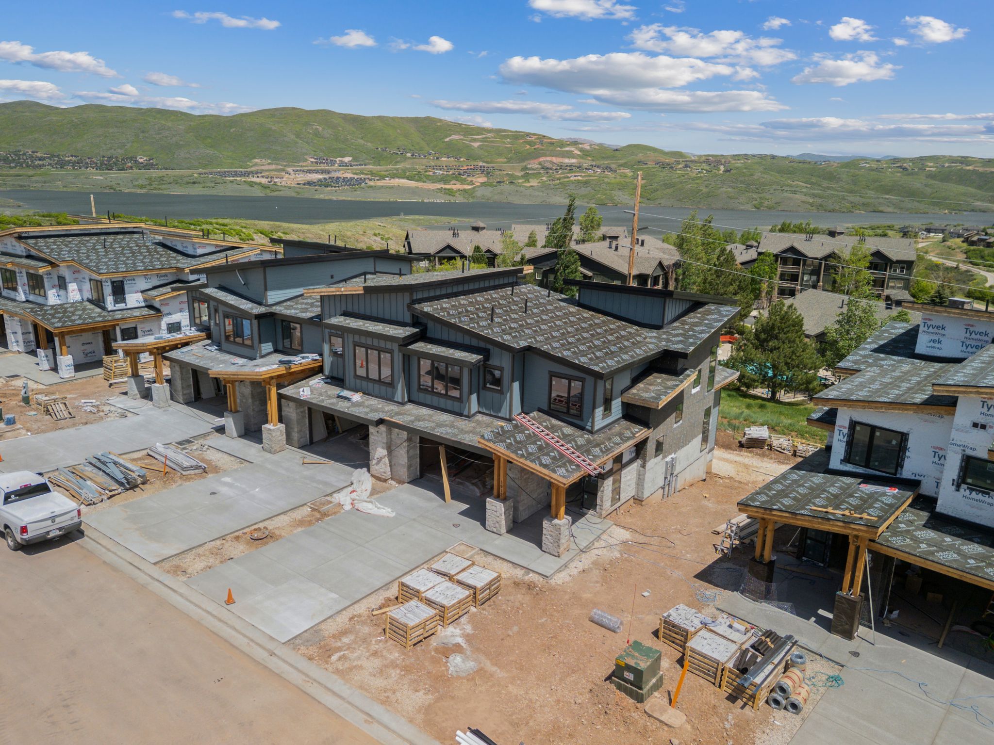 Aerial perspective of suburban area with mountains