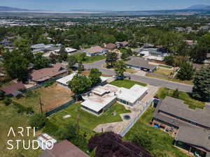 Aerial perspective of suburban area featuring mountains