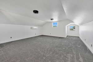Additional living space featuring a textured ceiling, lofted ceiling, baseboards, and dark carpet
