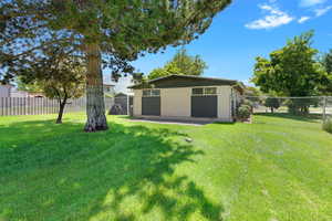 Beautiful backyard has a huge pine tree to provide shade.