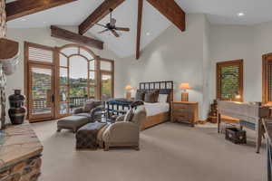 Bedroom featuring high vaulted ceiling, light colored carpet, access to outside, beamed ceiling, and recessed lighting