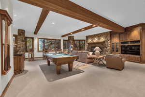 Playroom featuring beam ceiling, light colored carpet, billiards, and recessed lighting