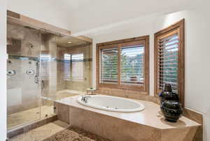 Full bath with a stall shower and a tub with jets