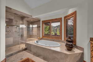 Full bathroom with a shower stall, a tub with jets, and vanity