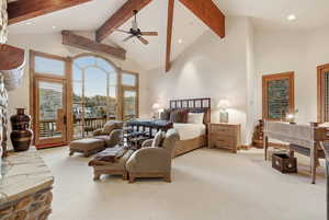 Bedroom featuring access to outside, light carpet, recessed lighting, and a ceiling fan
