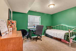 Carpeted bedroom featuring a textured ceiling and baseboards