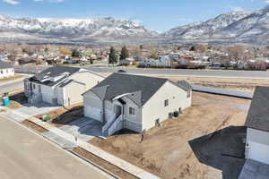 Aerial view of residential area with mountains